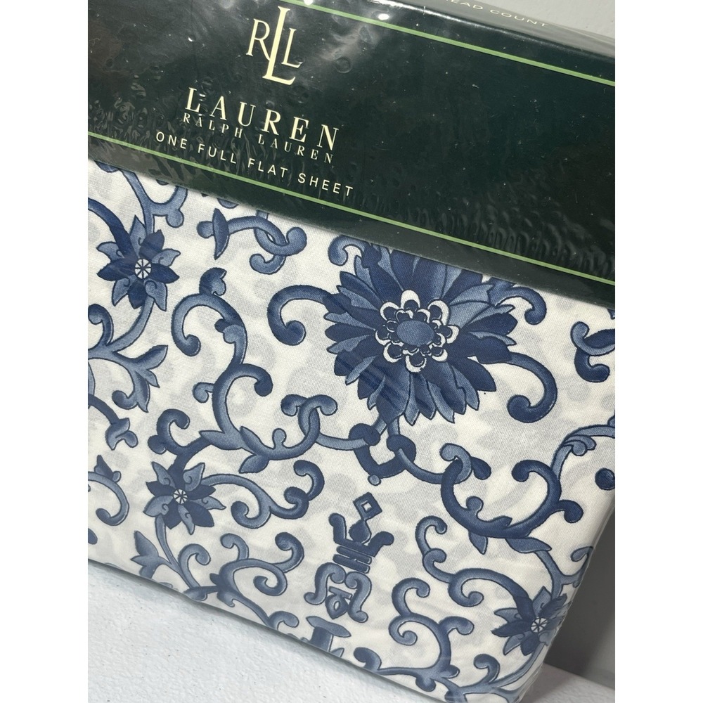 Ralph Lauren Porcelain Rosette Blue Floral Full Flat Sheet‎ New Old Stock - Picture 2 of 6